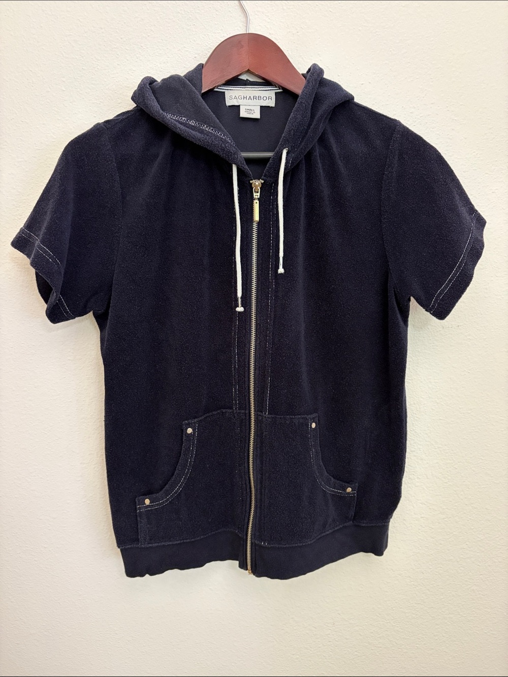Terry Cloth Navy Short Sleeve Full Zip Hoodie